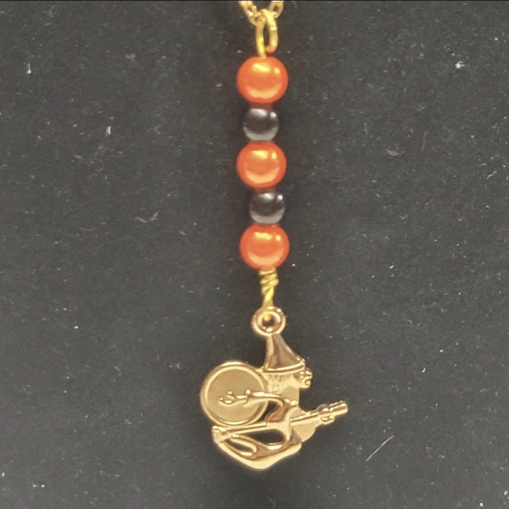 Gold, Orange, and Black Faux Pearl  Necklace with Witch Charm